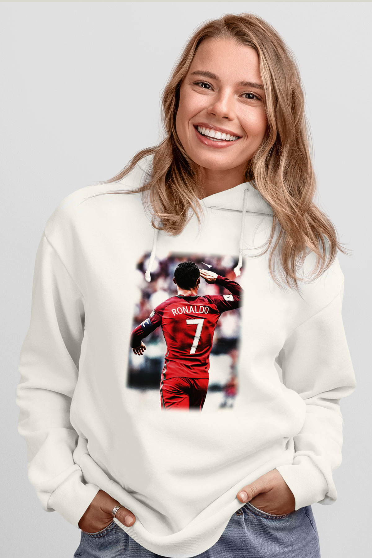 Cristiano Ronaldo Beyaz Unisex Kapşonlu Sweatshirt
