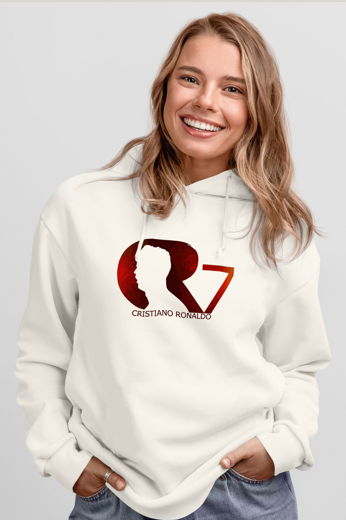 Cristiano Ronaldo Beyaz Unisex Kapşonlu Sweatshirt