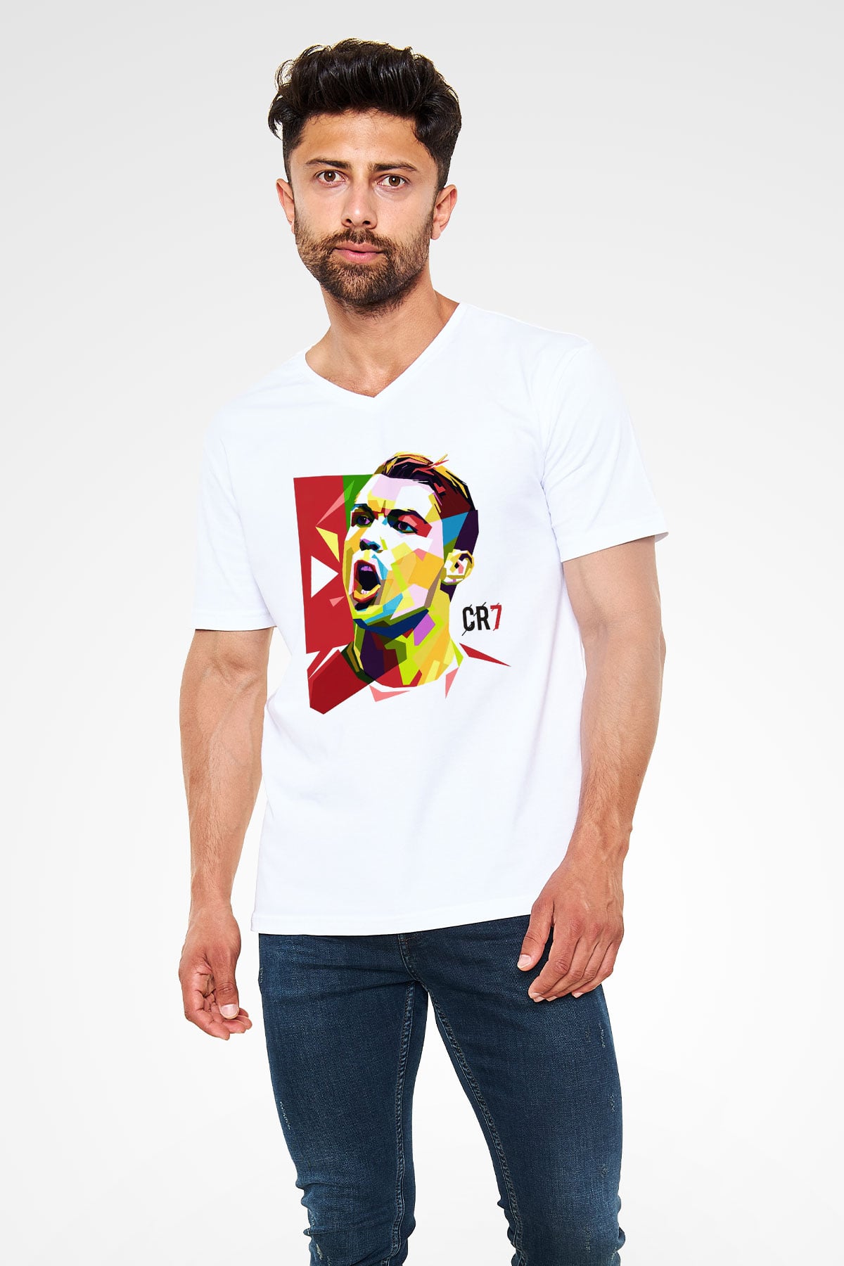 Cristiano Ronaldo Beyaz Unisex V Yaka Tişört T-Shirt