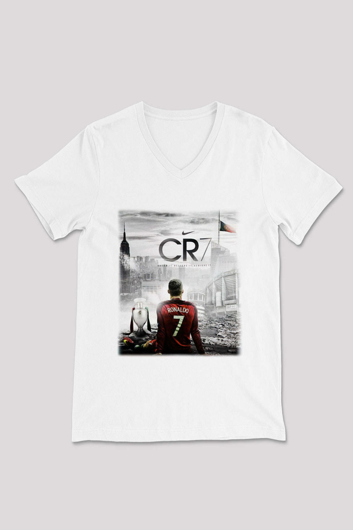 Cristiano Ronaldo Beyaz Unisex V Yaka Tişört T-Shirt