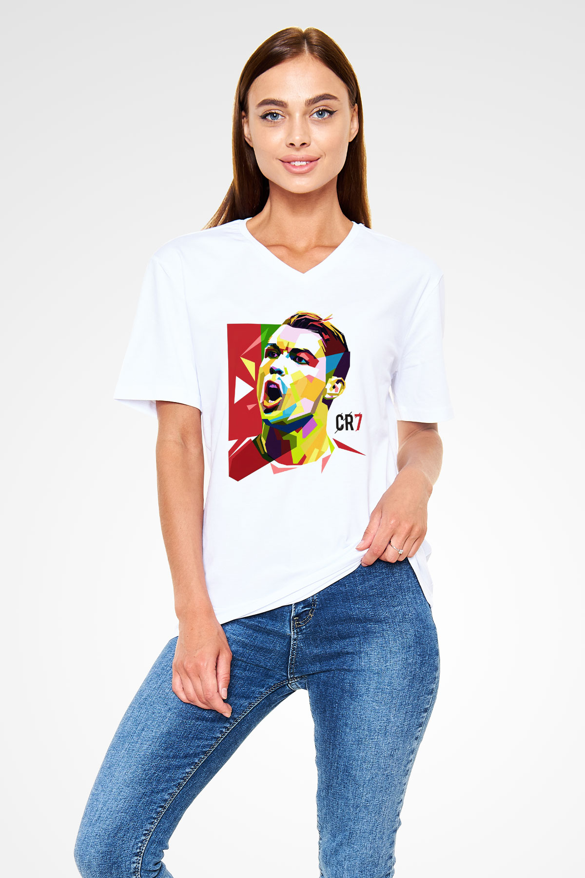 Cristiano Ronaldo Beyaz Unisex V Yaka Tişört T-Shirt