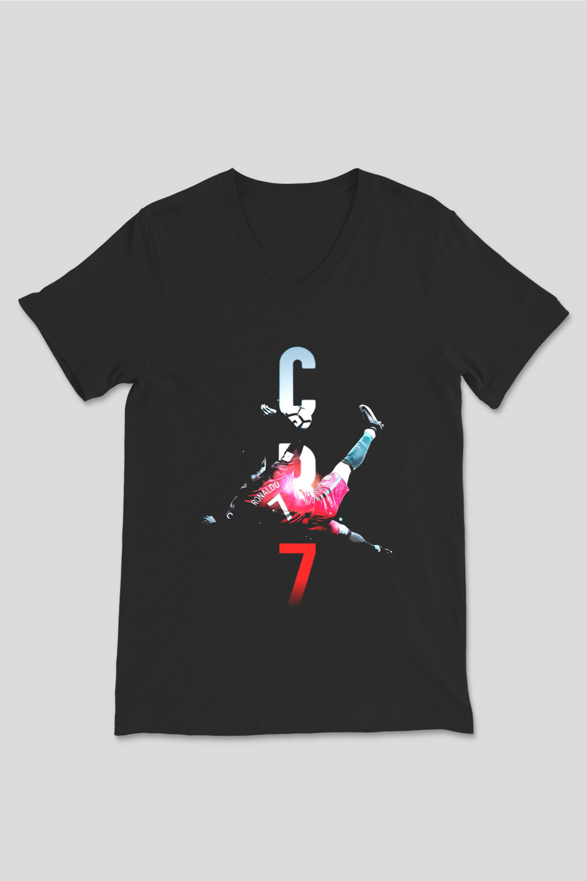 Cristiano Ronaldo Siyah Unisex V Yaka Tişört T-Shirt