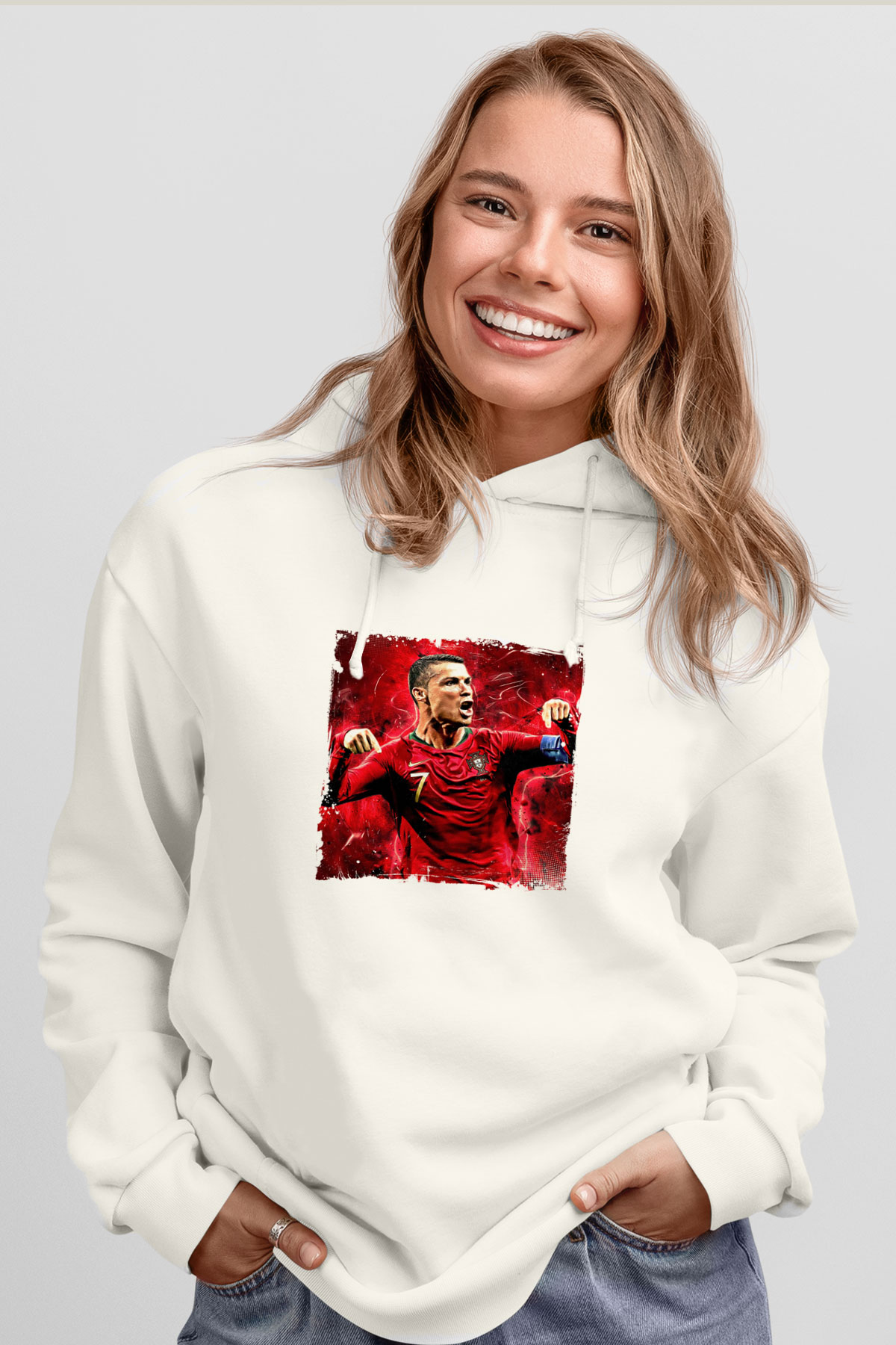 Cristiano Ronaldo Unisex Baskılı Beyaz Kapüşonlu Sweatshirt