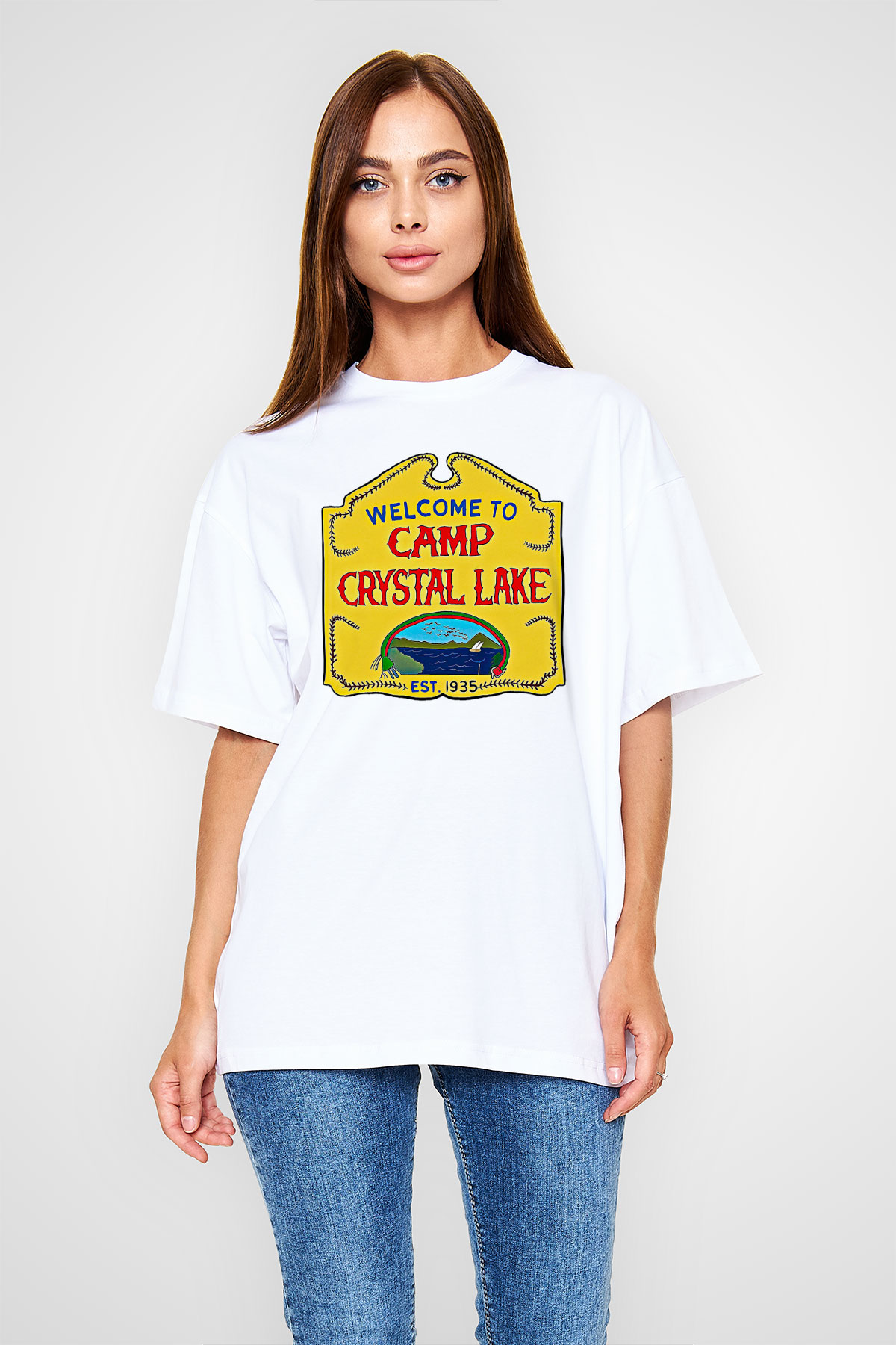 Crystal Lake Baskılı Beyaz Unisex Oversize Tişört - Tshirt