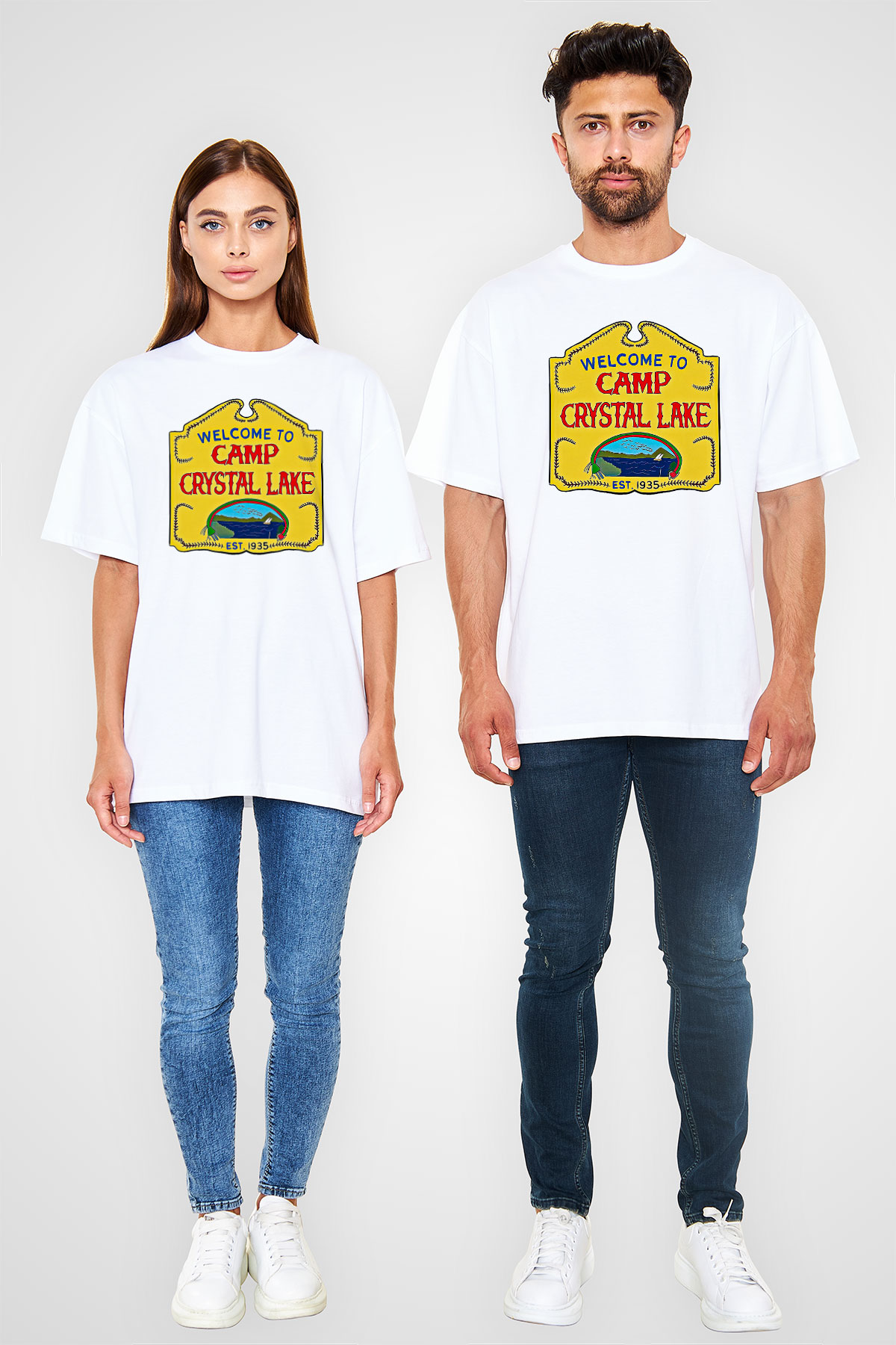 Crystal Lake Baskılı Beyaz Unisex Oversize Tişört - Tshirt