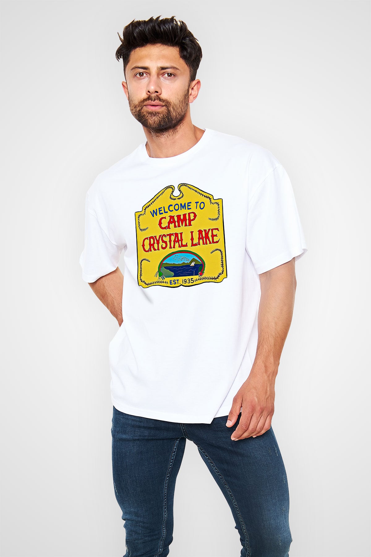 Crystal Lake Baskılı Beyaz Unisex Oversize Tişört - Tshirt