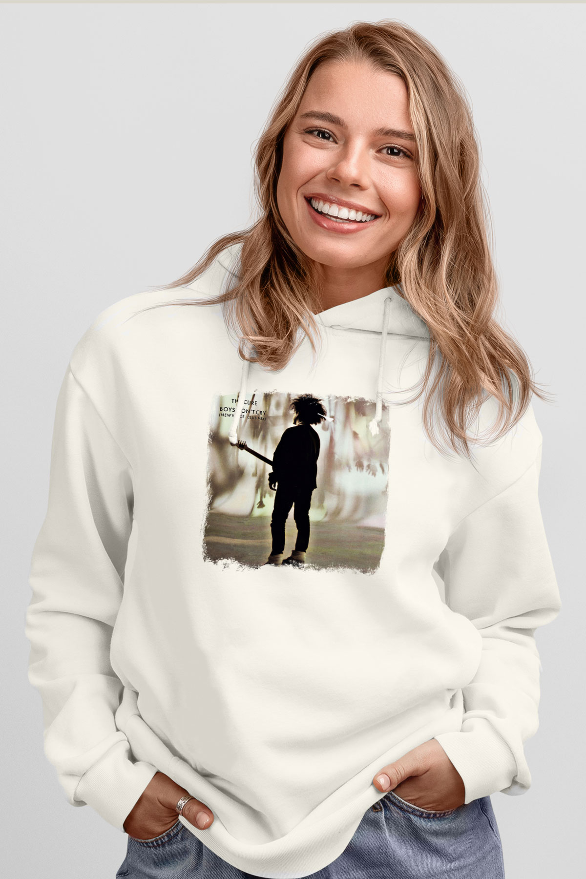 Cure Baskılı Unisex Beyaz Hoodie