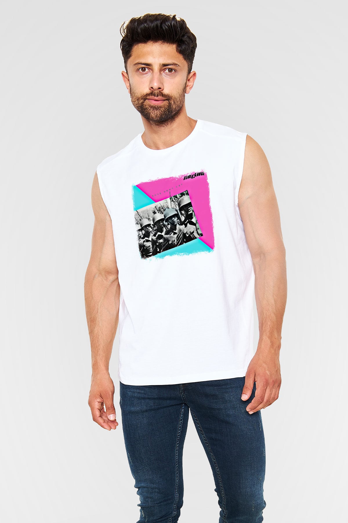 Cure Baskılı Unisex Beyaz Kolsuz Tişört