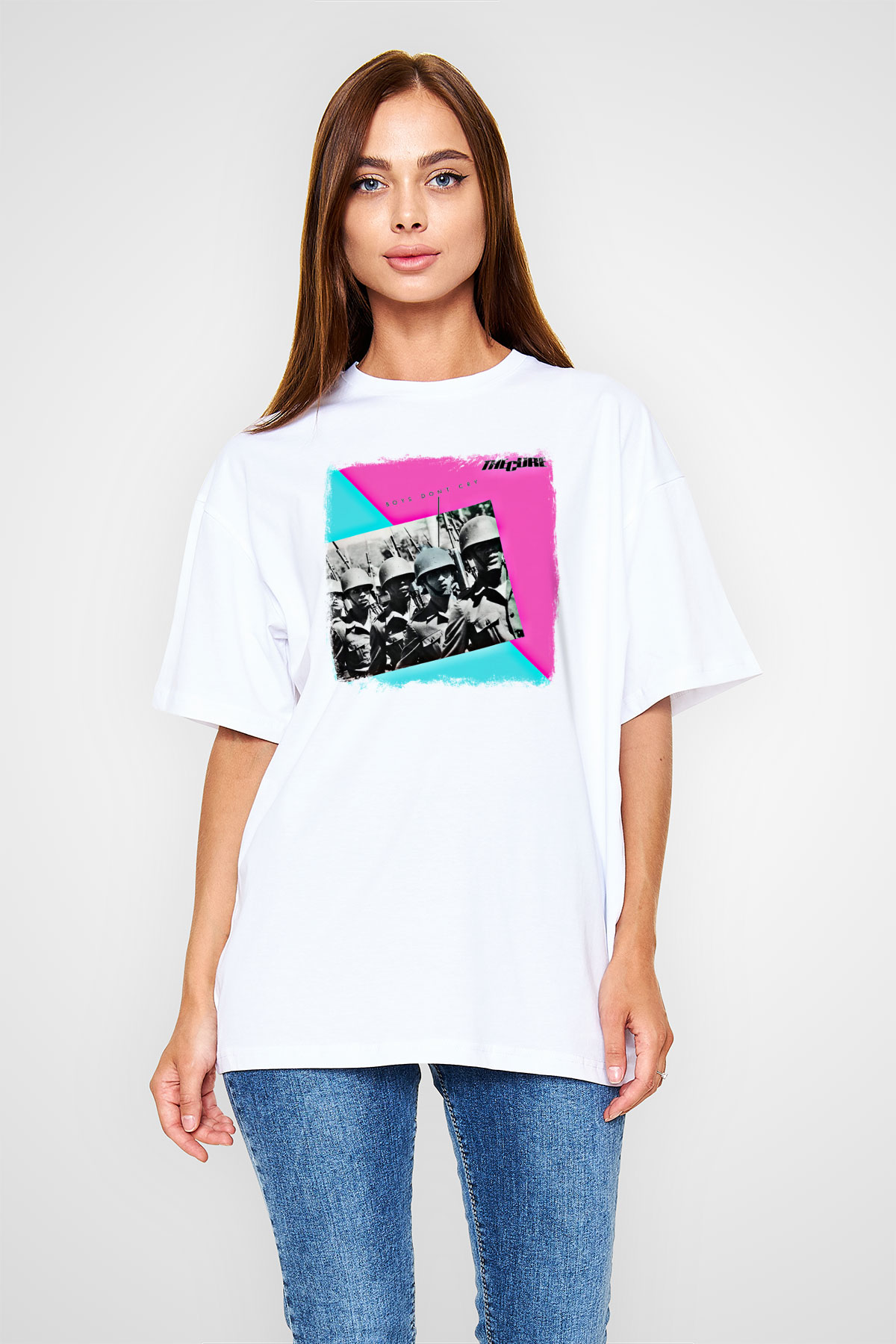 Cure Baskılı Unisex Beyaz Oversize Tişört