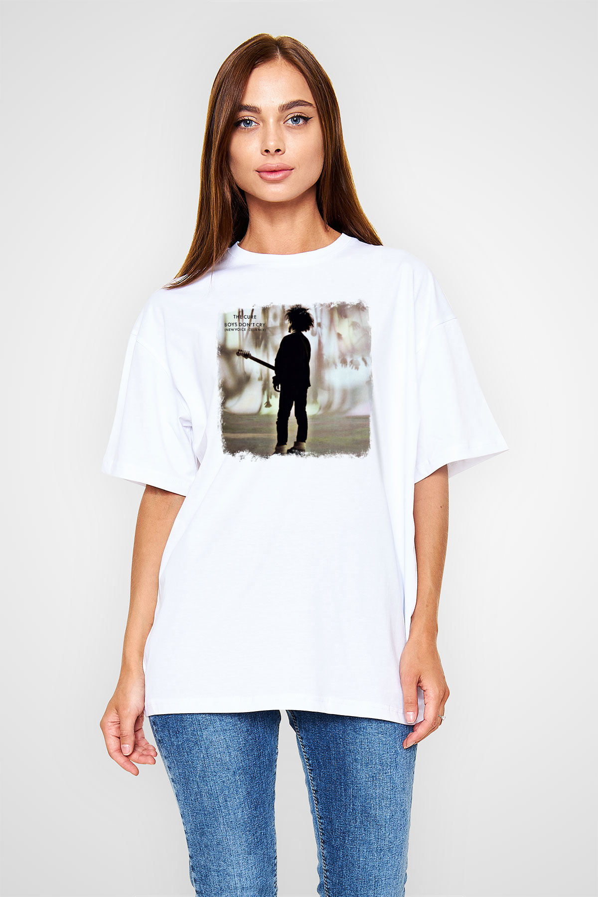 Cure Baskılı Unisex Beyaz Oversize Tişört