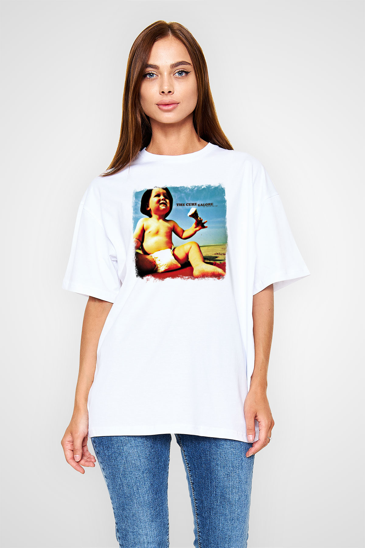 Cure Baskılı Unisex Beyaz Oversize Tişört