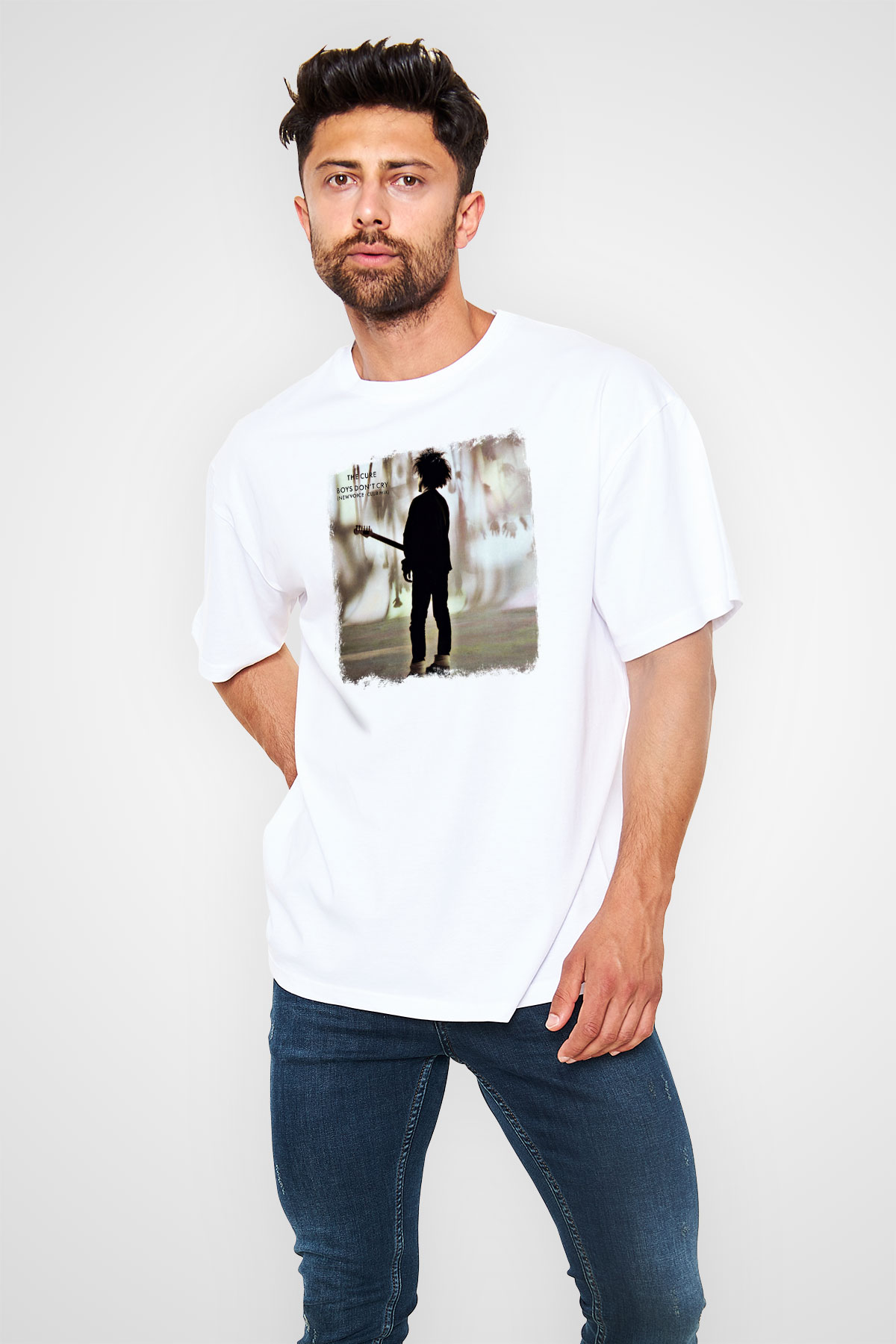 Cure Baskılı Unisex Beyaz Oversize Tişört