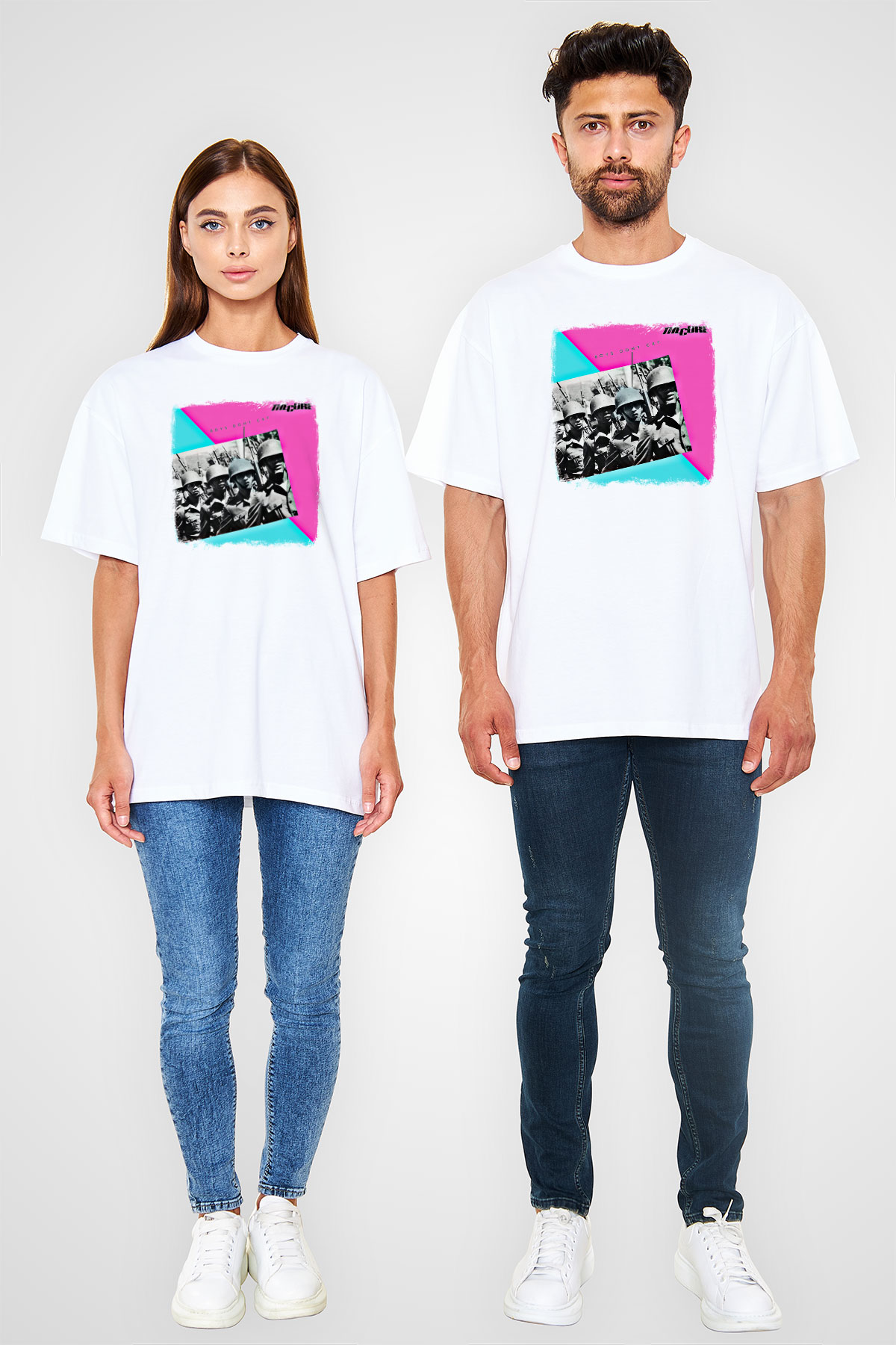 Cure Baskılı Unisex Beyaz Oversize Tişört