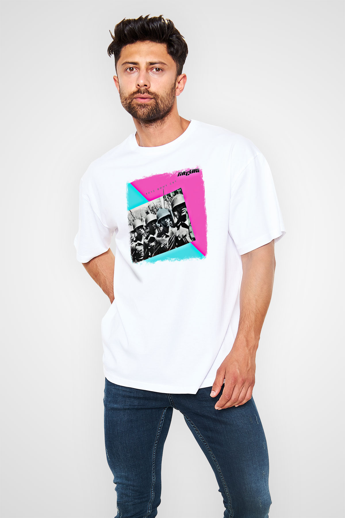 Cure Baskılı Unisex Beyaz Oversize Tişört