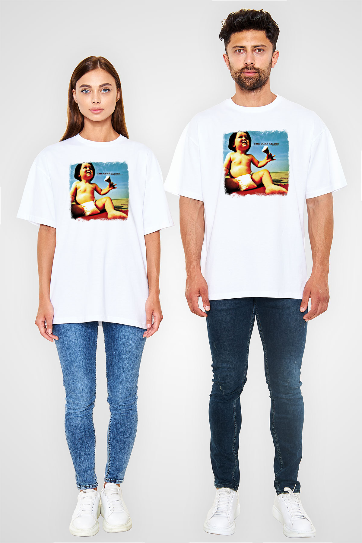 Cure Baskılı Unisex Beyaz Oversize Tişört