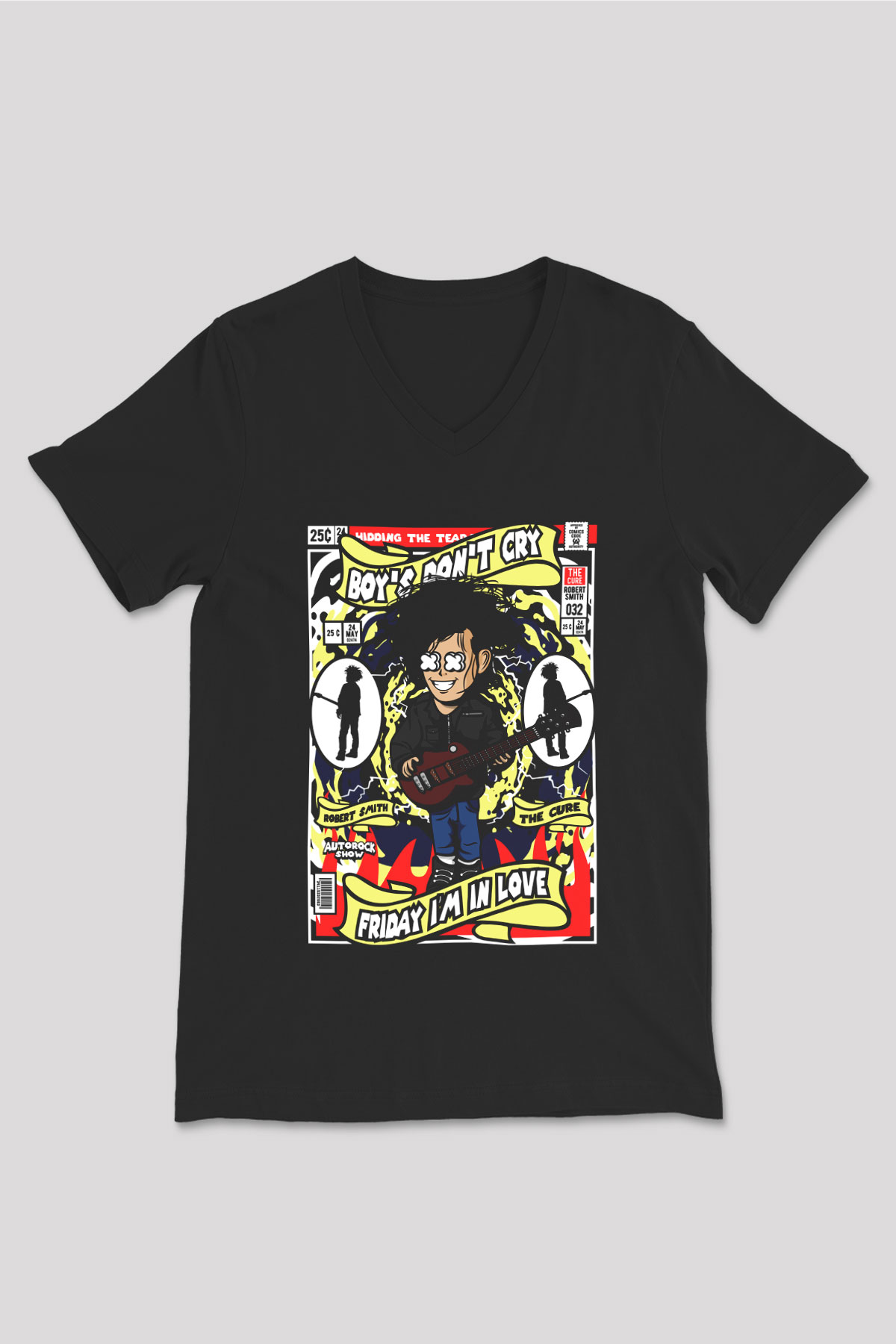 Cure Baskılı Unisex Siyah V Yaka Tişört