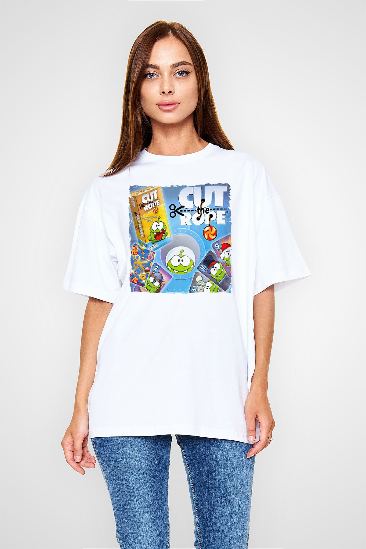 Cut the Rope Beyaz Oversize Tişört Oversize T-shirt