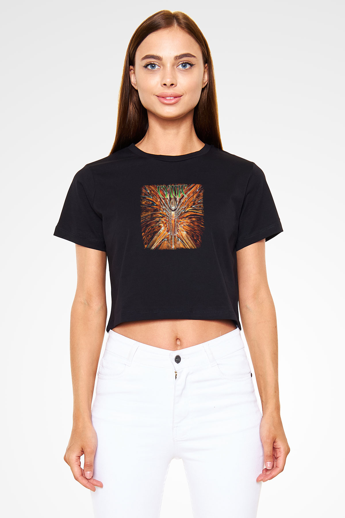 Cynic Baskılı Unisex Siyah Crop Top Tişört