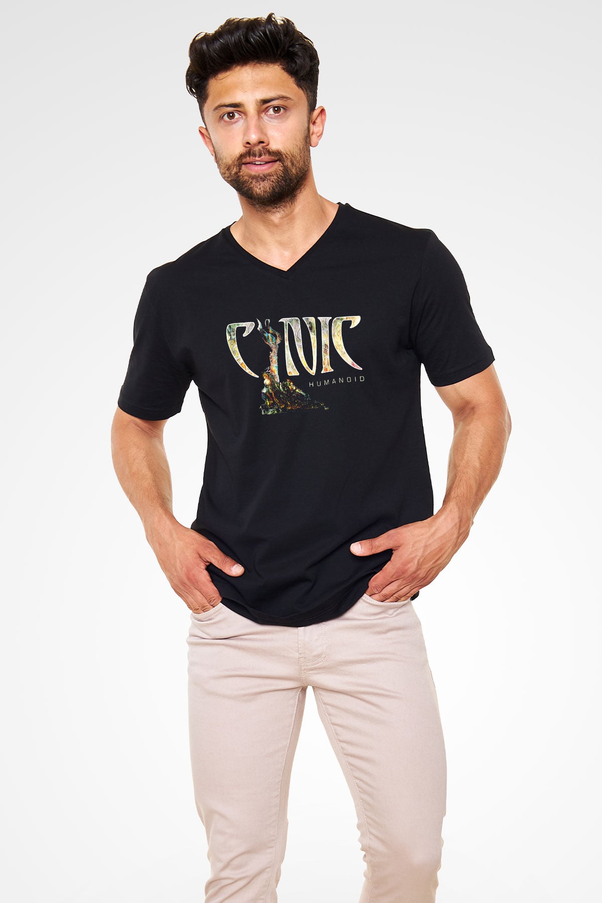 Cynic Baskılı Unisex Siyah V Yaka Tişört