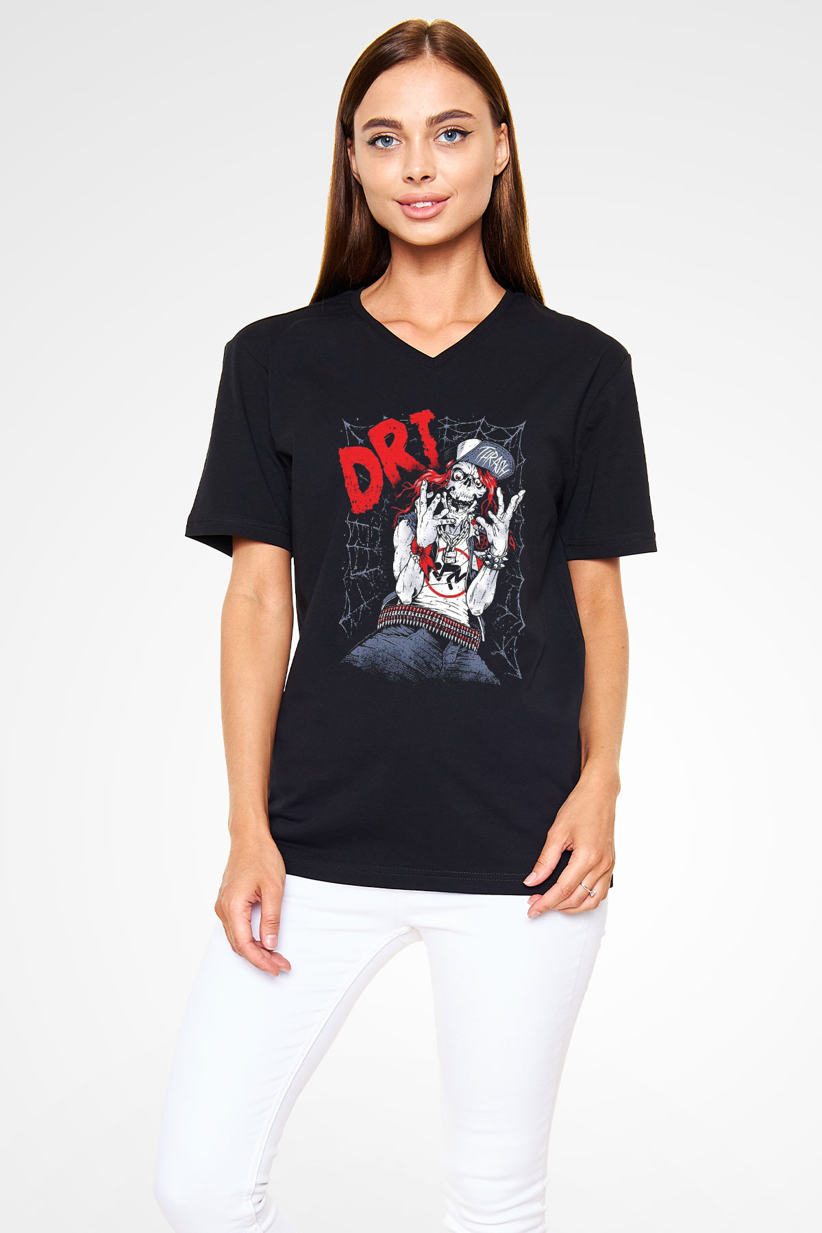 D.R.I Siyah Unisex V Yaka Tişört T-Shirt
