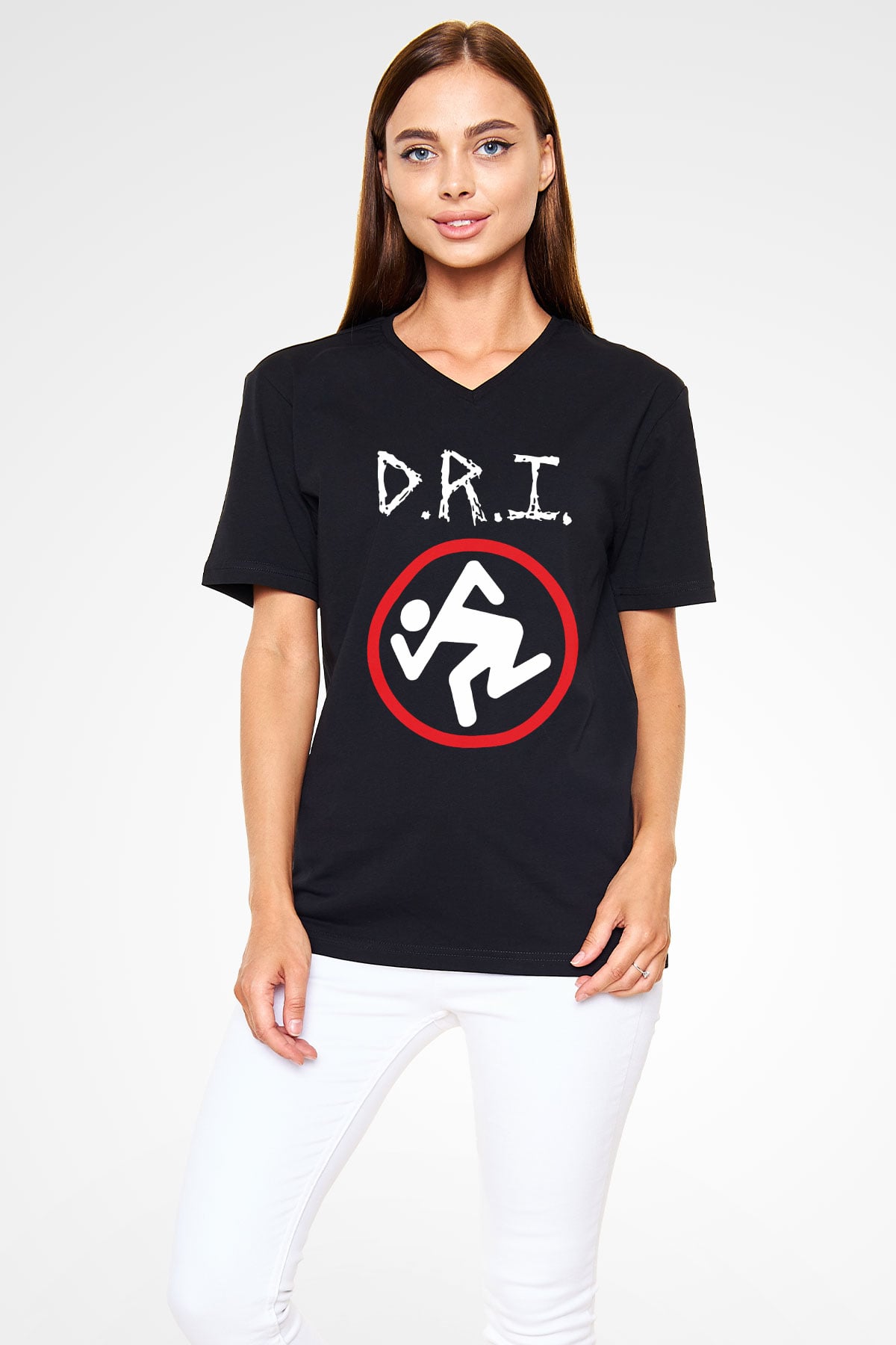 D.R.I Siyah Unisex V Yaka Tişört T-Shirt