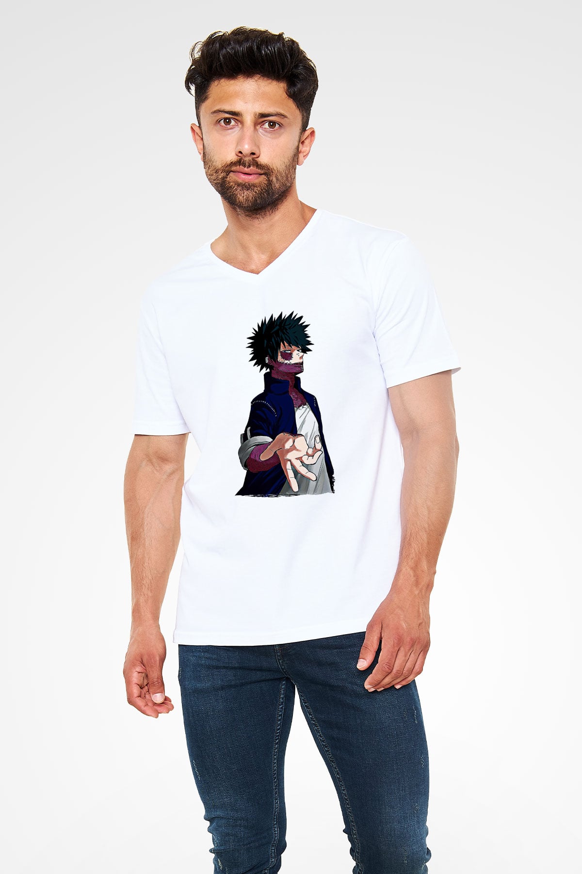 Dabi Baskılı Beyaz Unisex V Yaka Tişört - Tshirt