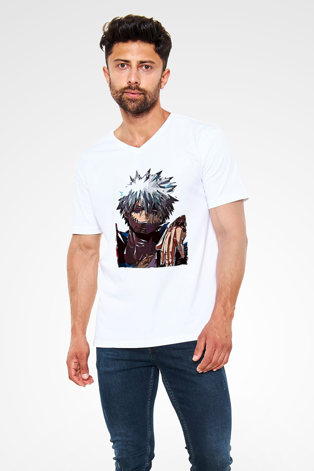 Dabi Baskılı Beyaz Unisex V Yaka Tişört - Tshirt