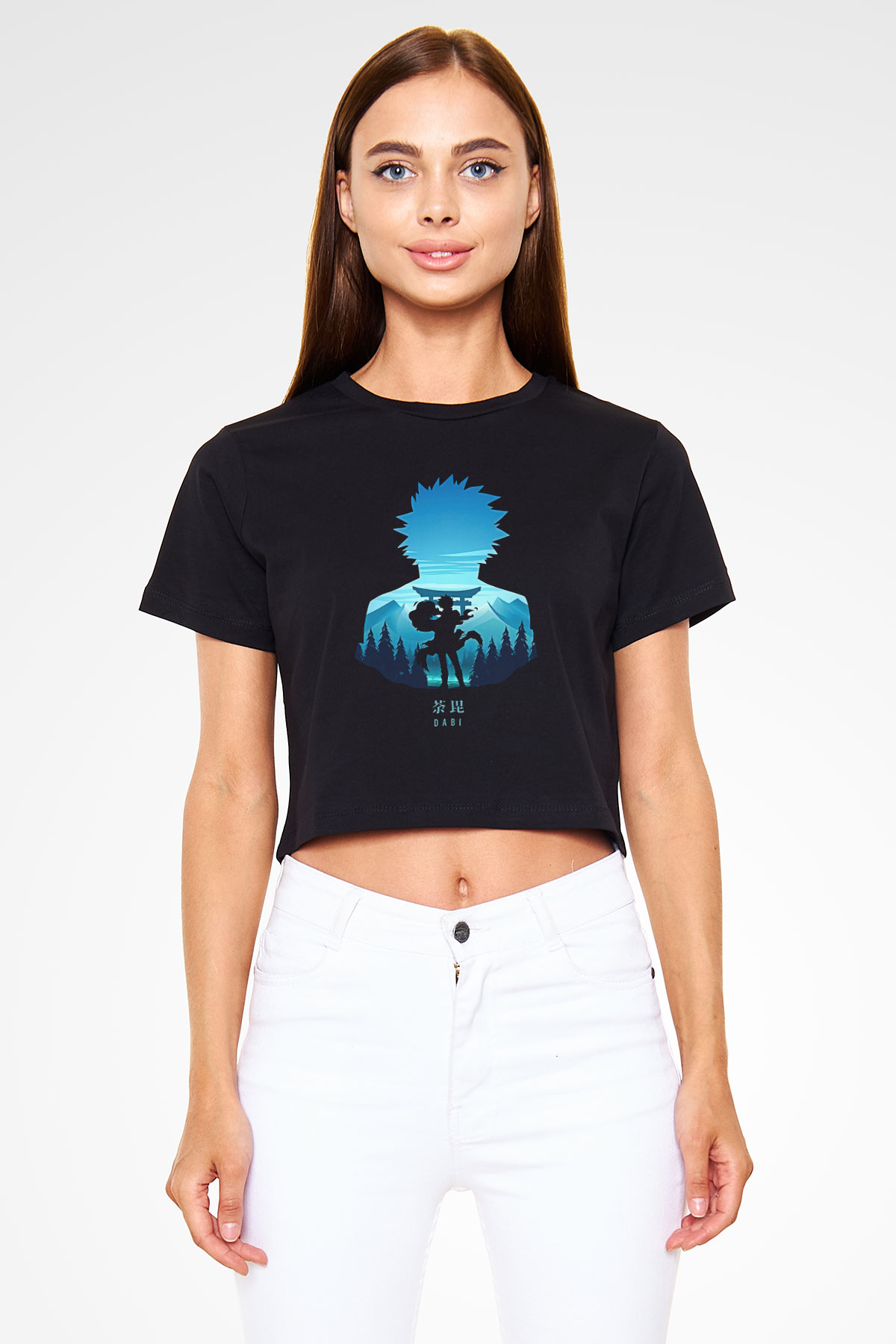 Dabi Baskılı Siyah Crop Top Kadın Tişört - Tshirt