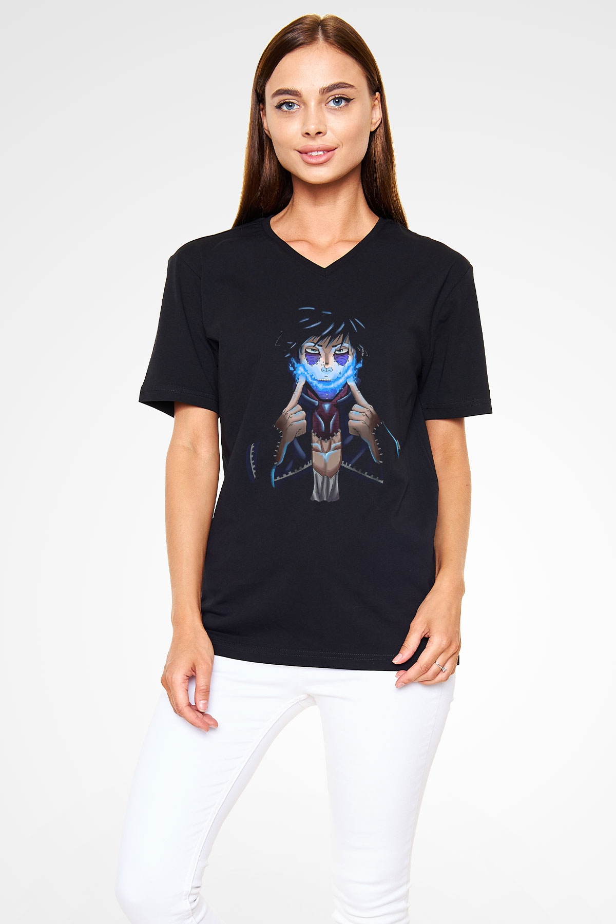 Dabi Baskılı Unisex Siyah V Yaka Tişört - Tshirt
