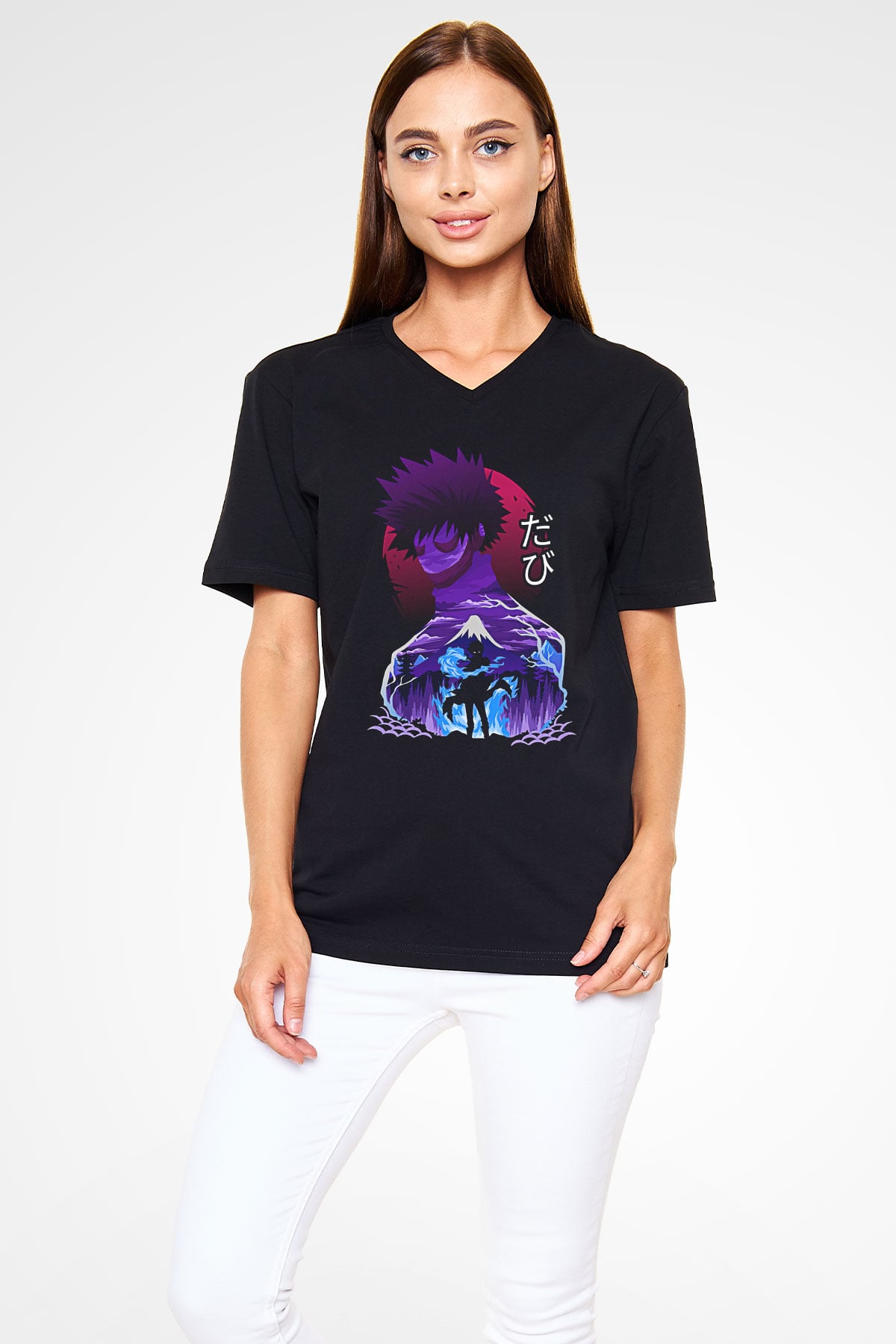 Dabi Baskılı Unisex Siyah V Yaka Tişört - Tshirt
