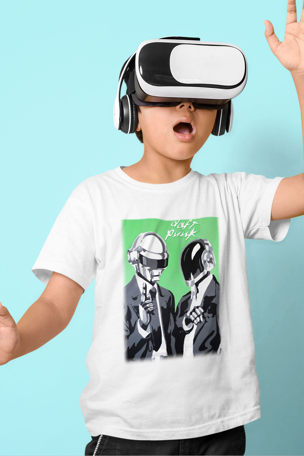 Daft Punk Baskılı Beyaz Unisex Çocuk Tişört