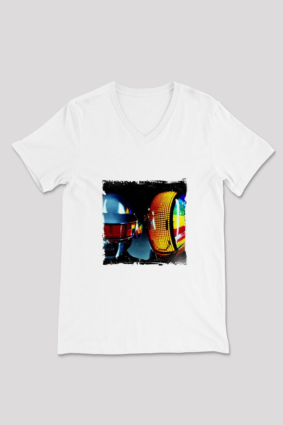 Daft Punk Baskılı Beyaz V Yaka Unisex Tişört