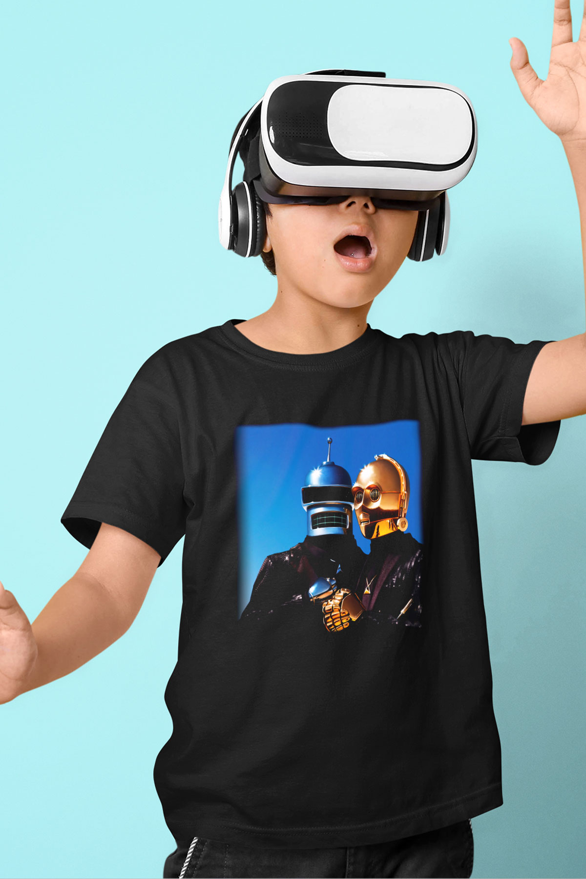 Daft Punk Baskılı Siyah Unisex Çocuk Tişört