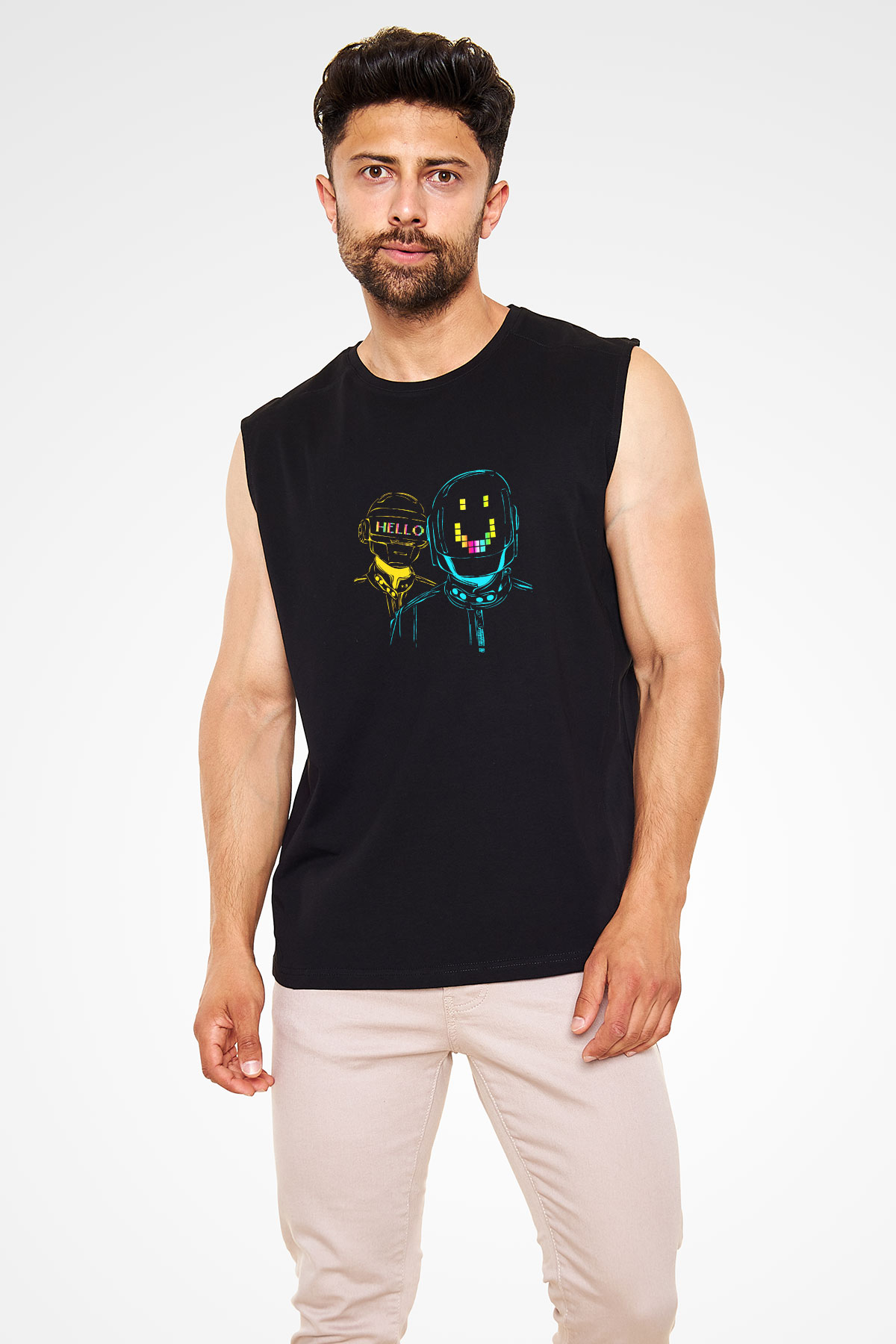 Daft Punk Baskılı Unisex Siyah Kolsuz Tişört