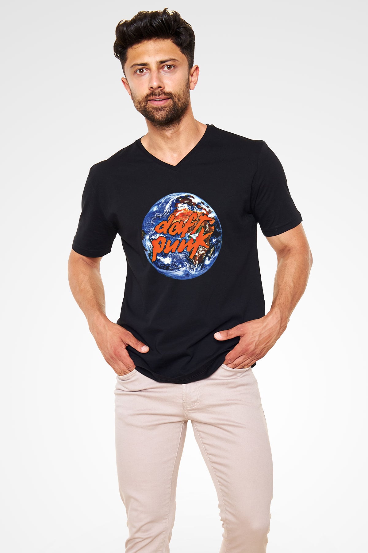 Daft Punk Baskılı Unisex Siyah V Yaka Tişört