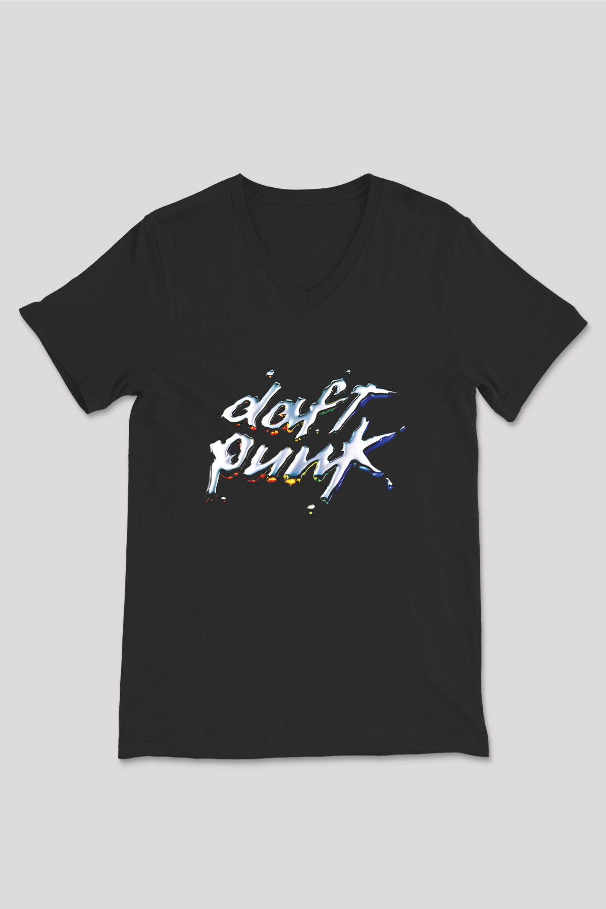 Daft Punk Baskılı Unisex Siyah V Yaka Tişört