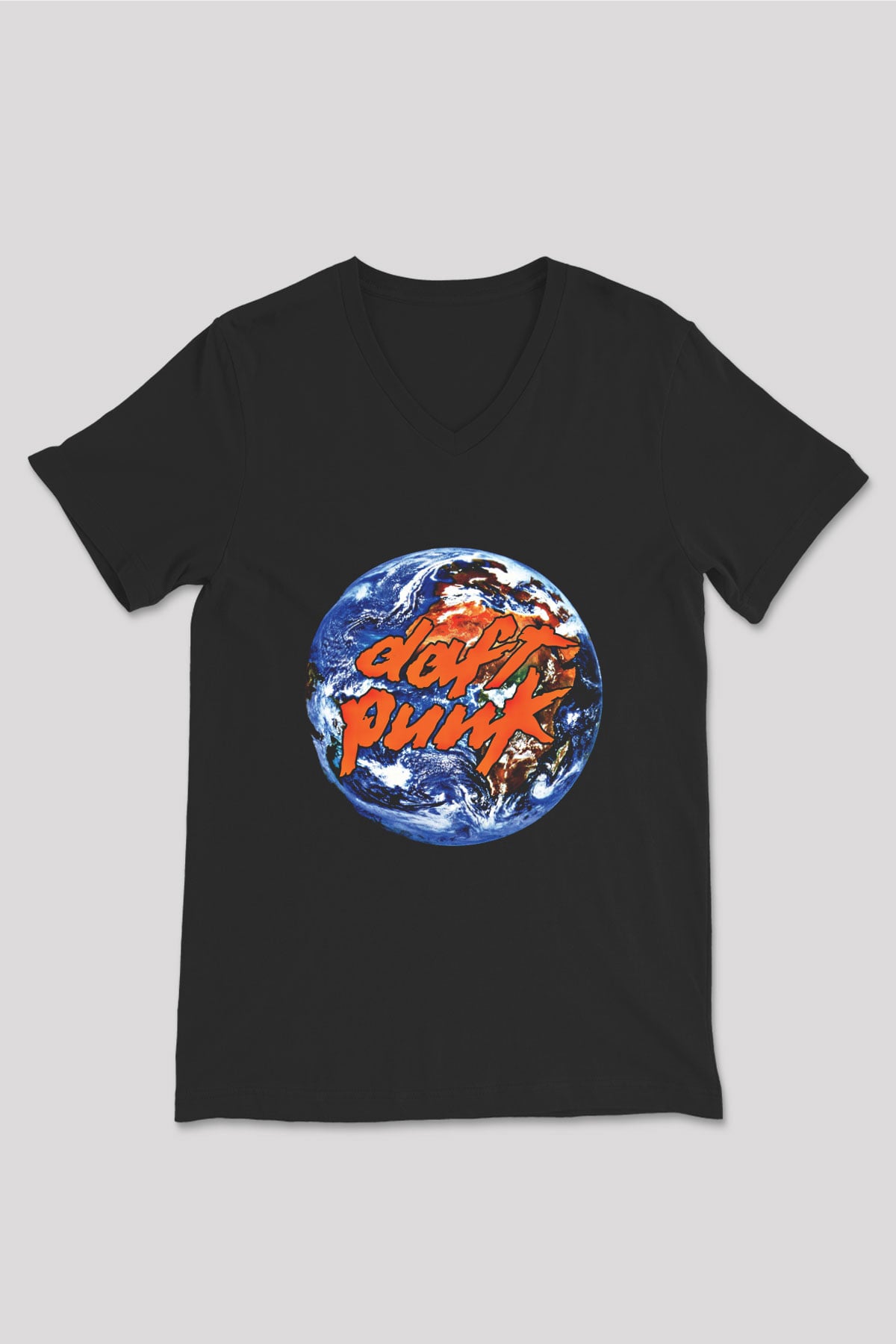 Daft Punk Baskılı Unisex Siyah V Yaka Tişört