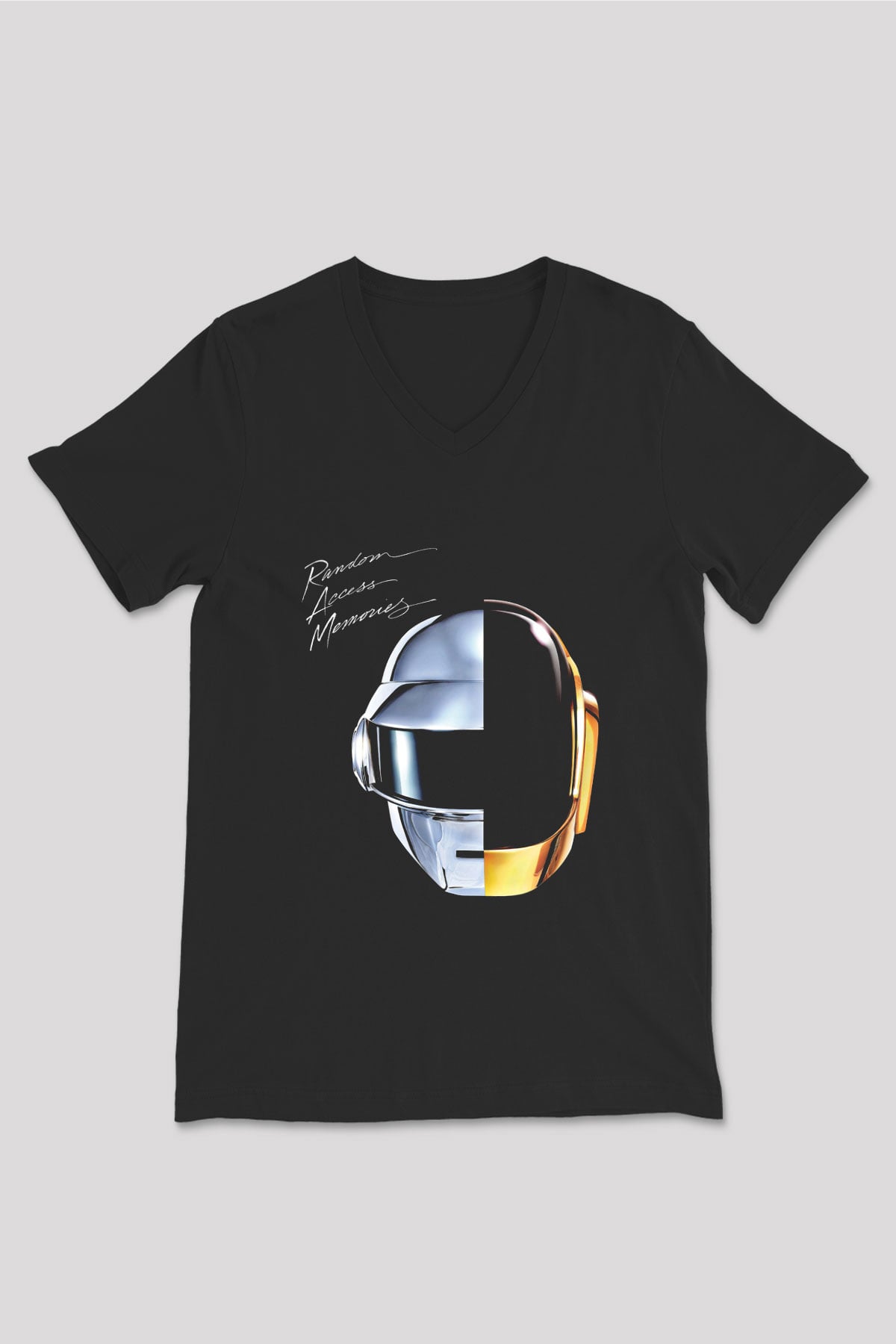 Daft Punk Baskılı Unisex Siyah V Yaka Tişört