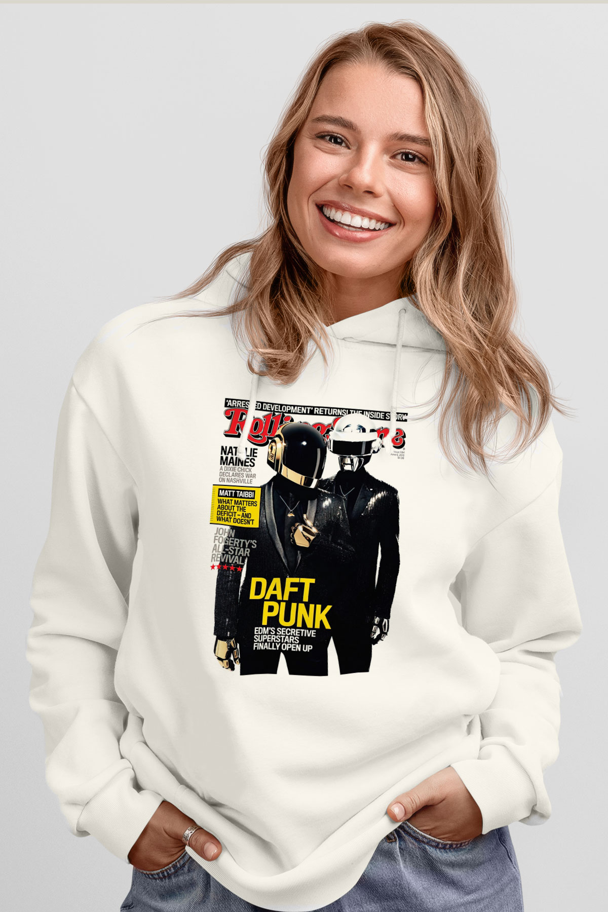 Daft Punk Beyaz Unisex Kapşonlu Sweatshirt
