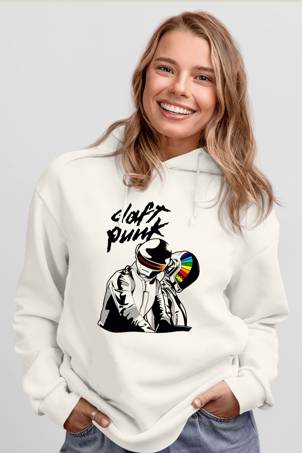 Daft Punk Beyaz Unisex Kapşonlu Sweatshirt