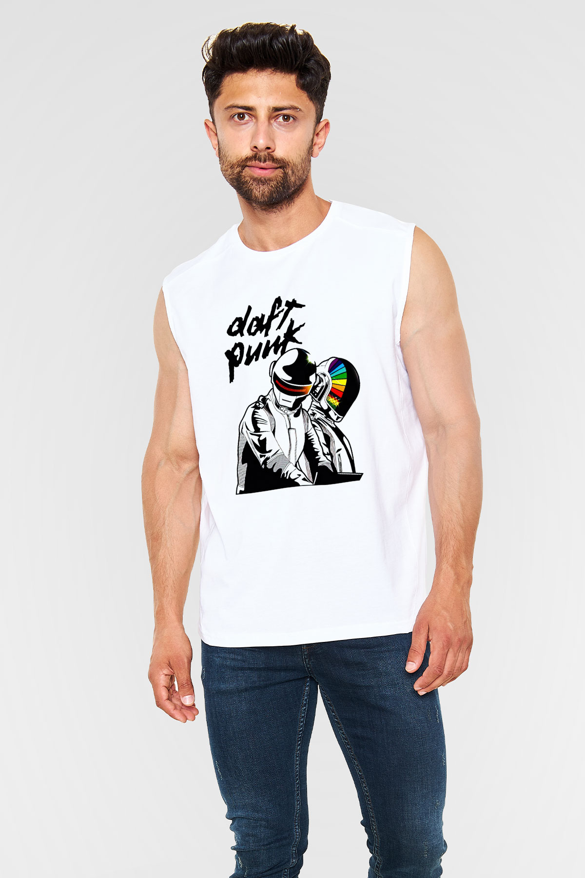 Daft Punk Beyaz Unisex Kolsuz Tişört