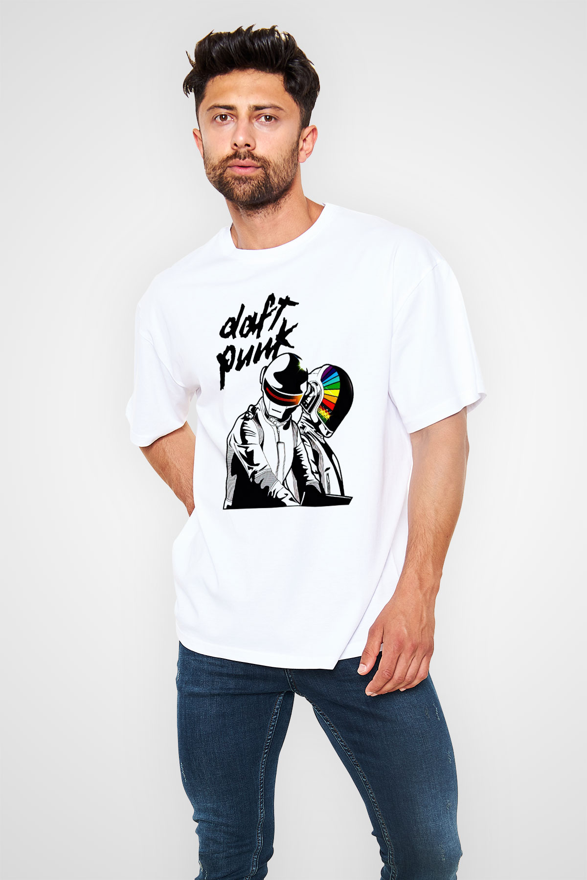 Daft Punk Beyaz Unisex Oversize Tişört T-Shirt