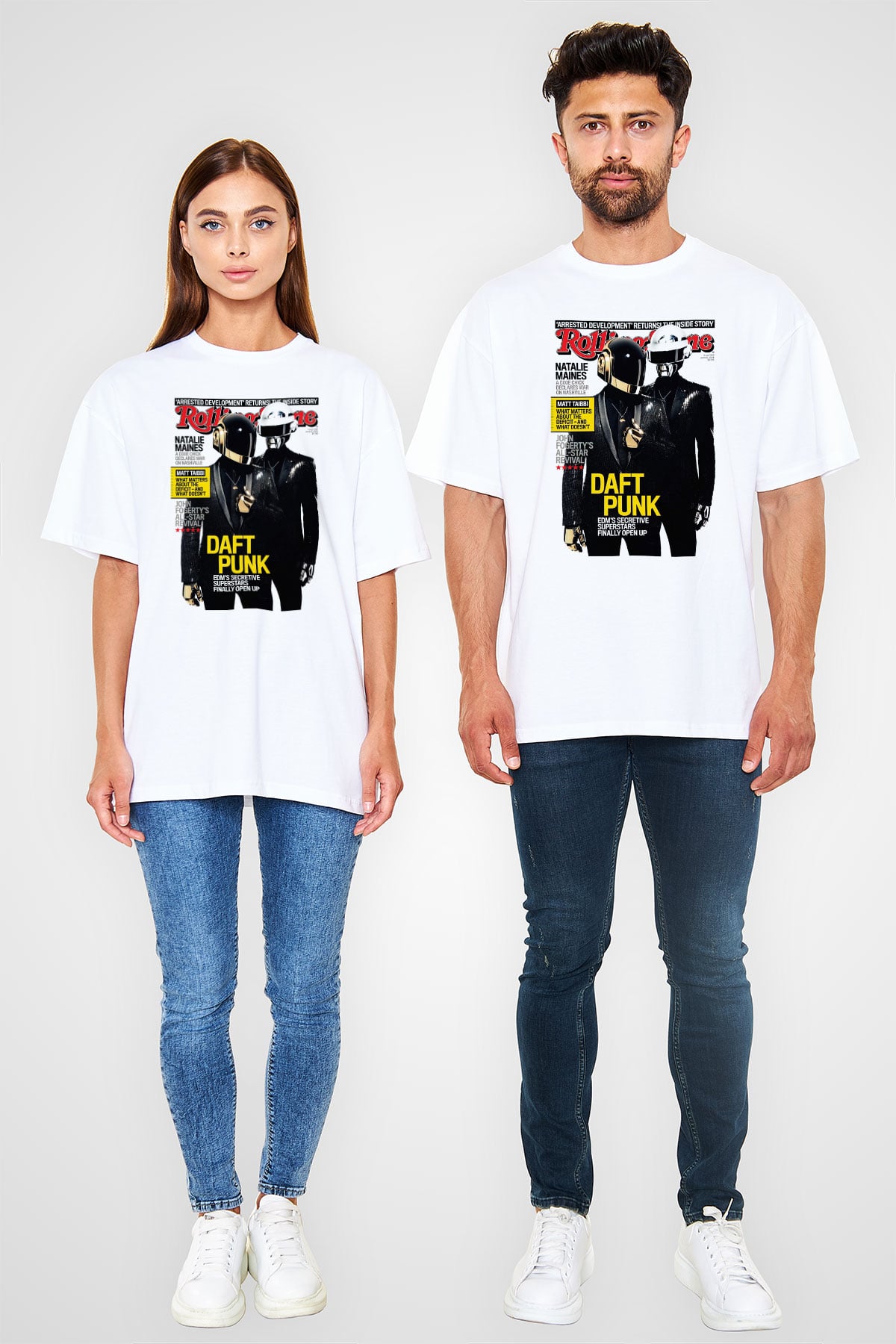 Daft Punk Beyaz Unisex Oversize Tişört T-Shirt