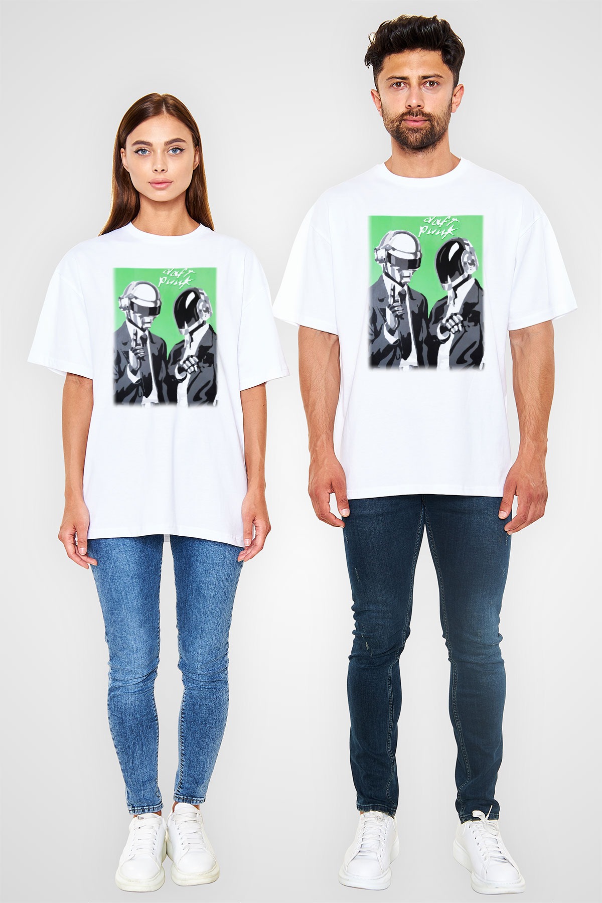 Daft Punk Beyaz Unisex Oversize Tişört T-Shirt