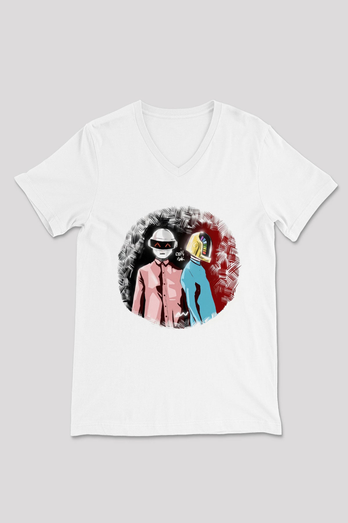 Daft Punk Beyaz Unisex V Yaka Tişört
