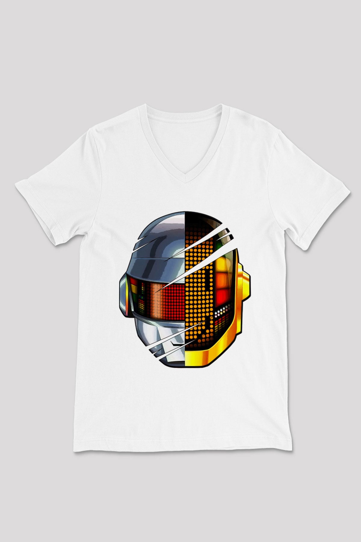 Daft Punk Beyaz Unisex V Yaka Tişört