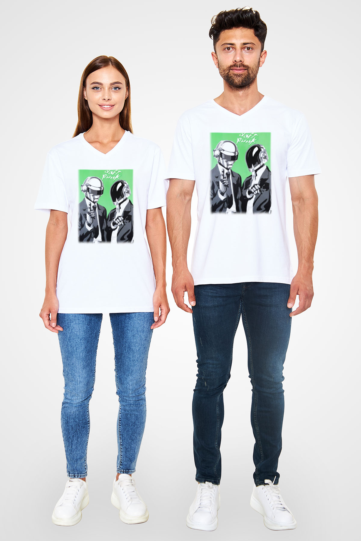 Daft Punk Beyaz Unisex V Yaka Tişört T-Shirt