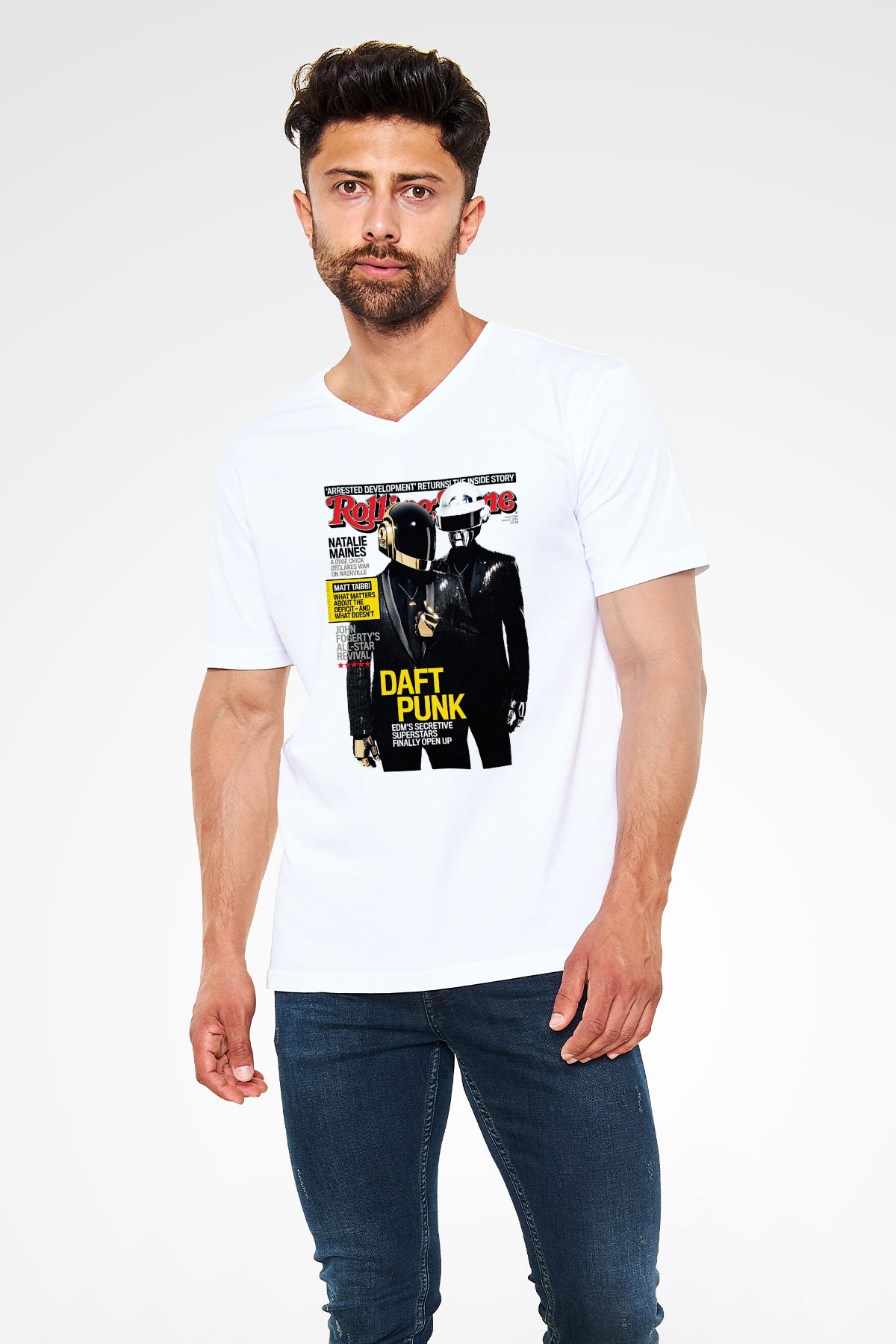 Daft Punk Beyaz Unisex V Yaka Tişört T-Shirt