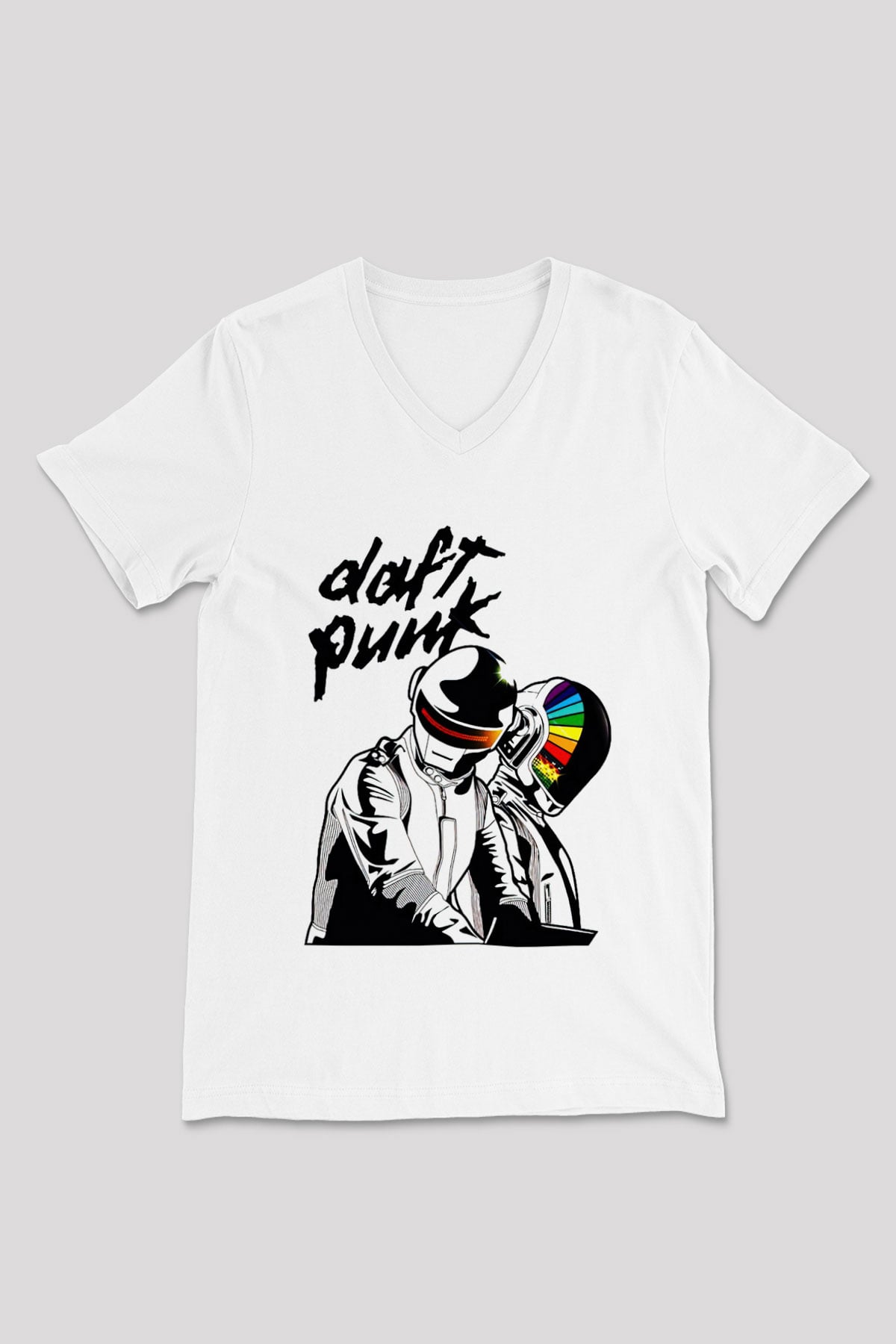 Daft Punk Beyaz Unisex V Yaka Tişört T-Shirt
