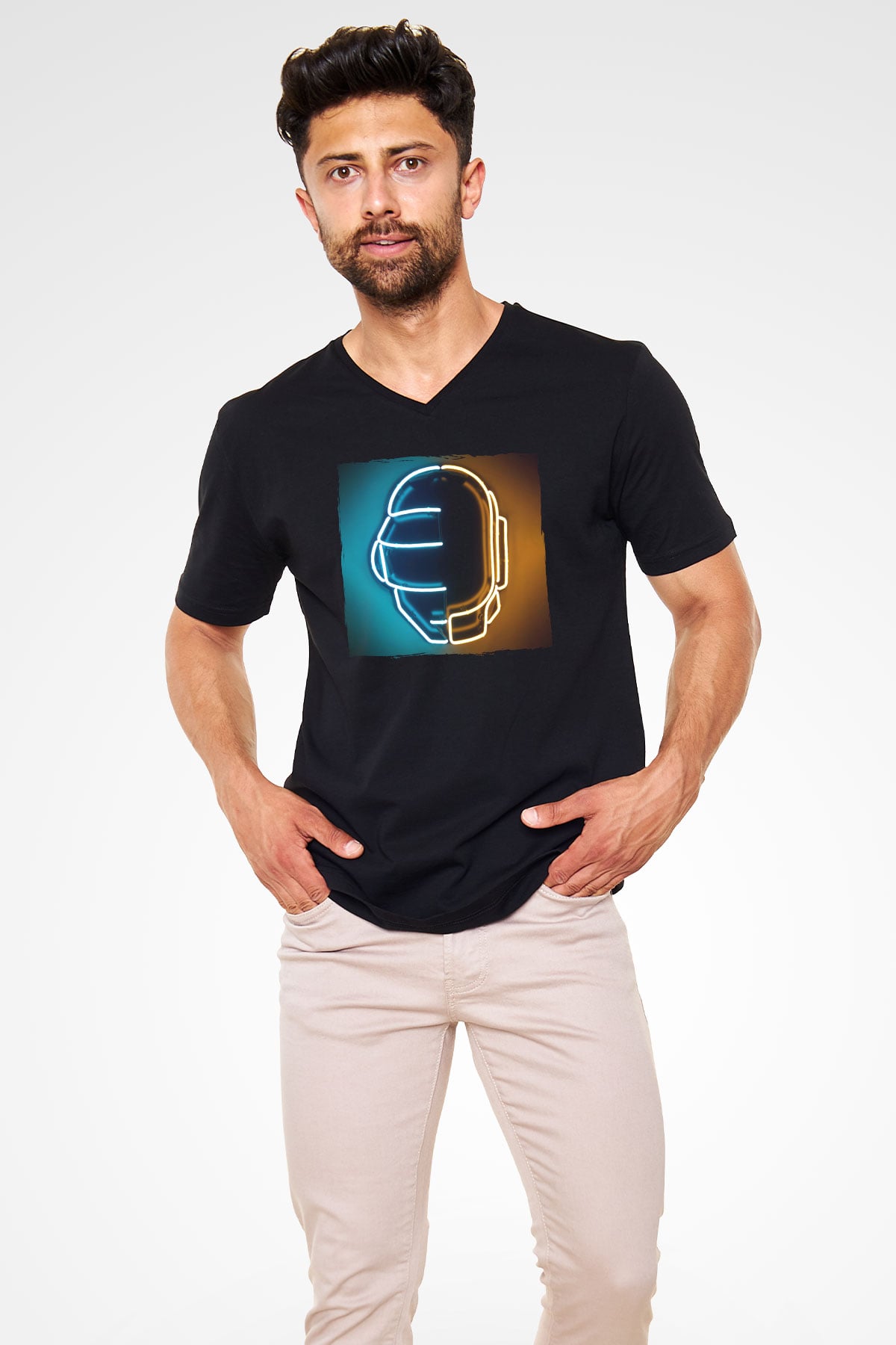 Daft Punk Siyah Unisex V Yaka Tişört
